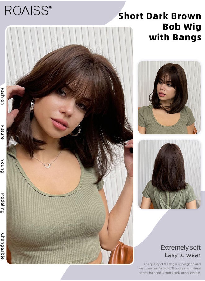 roaiss Short Dark Brown Bob Wig with Bangs Slightly Curly Hair Ends Natural Synthetic Hair Straight Wigs for Women Daily Party Cosplay Wear 35cm (14 inches）  - Image 1