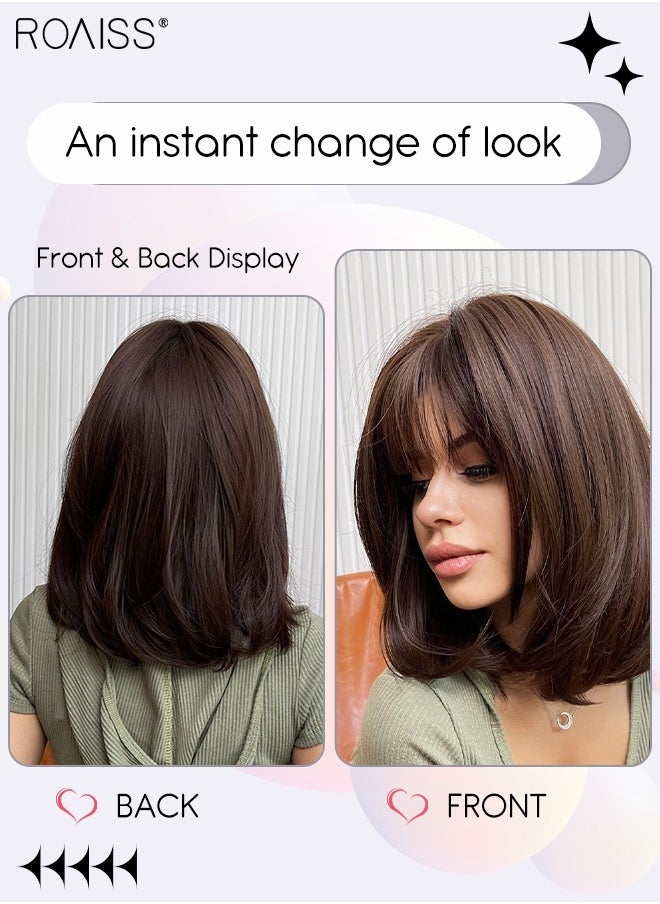 roaiss Short Dark Brown Bob Wig with Bangs Slightly Curly Hair Ends Natural Synthetic Hair Straight Wigs for Women Daily Party Cosplay Wear 35cm (14 inches）  - Image 2