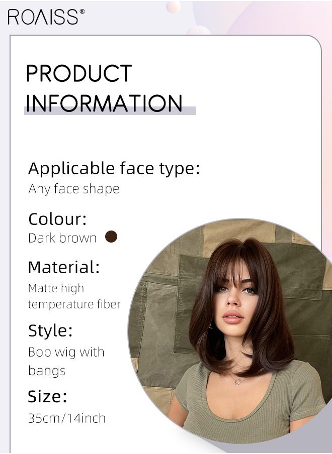 roaiss Short Dark Brown Bob Wig with Bangs Slightly Curly Hair Ends Natural Synthetic Hair Straight Wigs for Women Daily Party Cosplay Wear 35cm (14 inches）  - Image 3