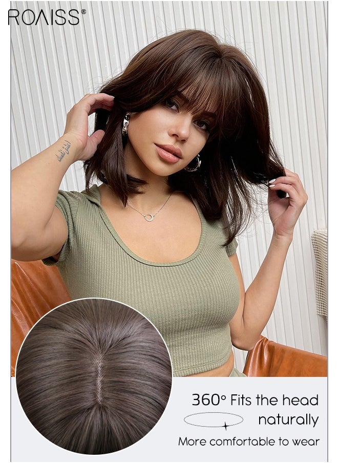 roaiss Short Dark Brown Bob Wig with Bangs Slightly Curly Hair Ends Natural Synthetic Hair Straight Wigs for Women Daily Party Cosplay Wear 35cm (14 inches）  - Image 4