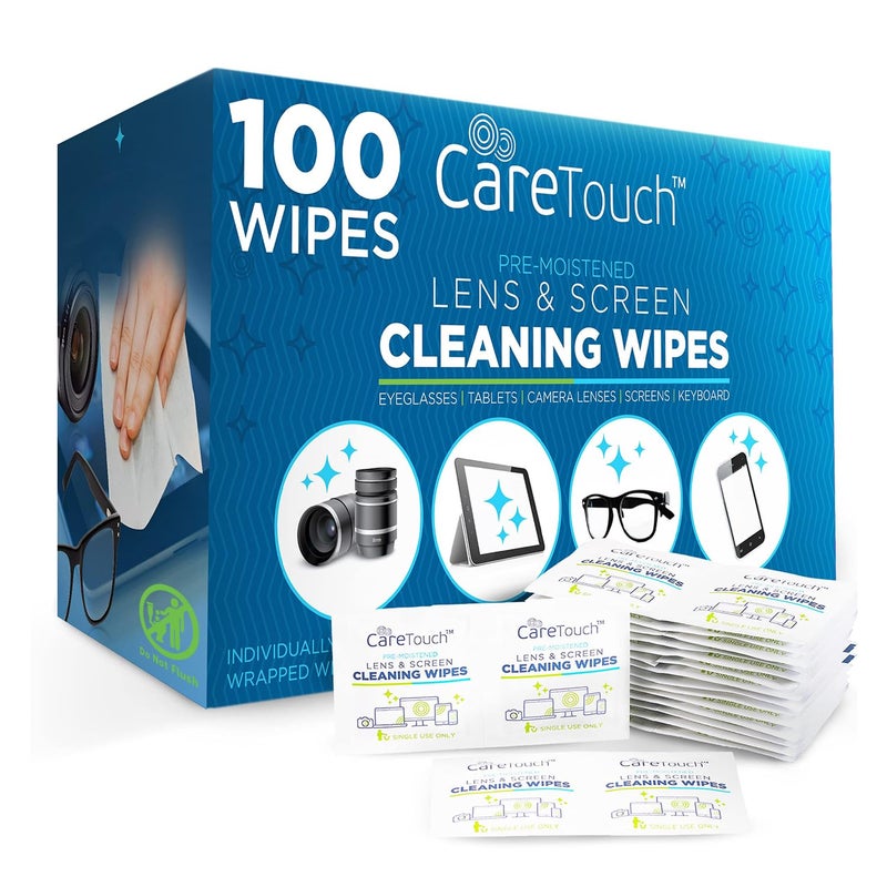 Care Touch Care Touch Lens Wipes for Eyeglasses 100 Individually Wrapped PreMoistened Glasses Wipes Cleaner for Glasses Sunglasses and Screens Gentle and Portable for OnTheGo Cleaning 5x6 Inches
