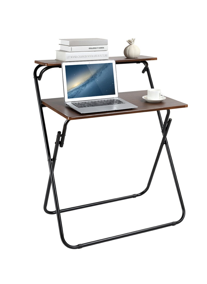 LAWAZIM Foldable Computer Table - Brown, 71.5x55x90.5 - Space-Saving Desk with Two-Tier and Upper Shelf for Storage - Writing Desk for Home Office Dorm Rooms and Small Spaces - No Assembly Needed  - Image 2