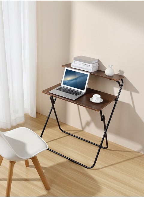 Foldable Computer Table - Brown, 71.5x55x90.5 - Space-Saving Desk with Two-Tier and Upper Shelf for Storage - Writing Desk for Home Office Dorm Rooms and Small Spaces - No Assembly Needed