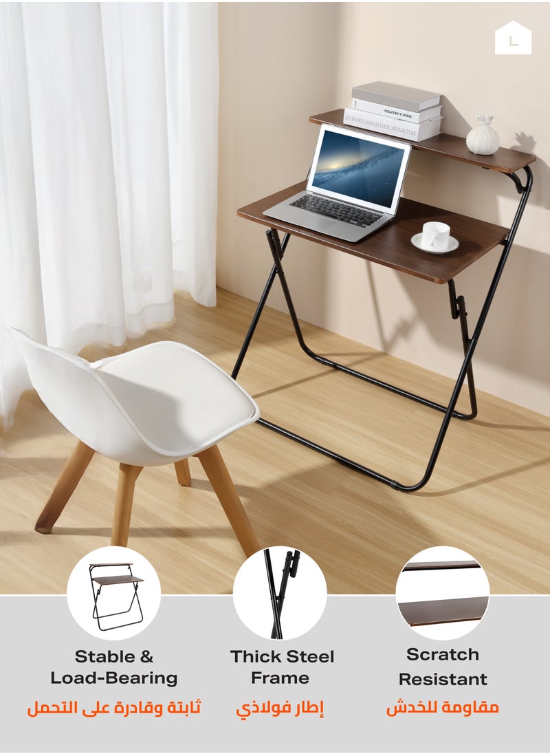LAWAZIM Foldable Computer Table - Brown, 71.5x55x90.5 - Space-Saving Desk with Two-Tier and Upper Shelf for Storage - Writing Desk for Home Office Dorm Rooms and Small Spaces - No Assembly Needed  - Image 4