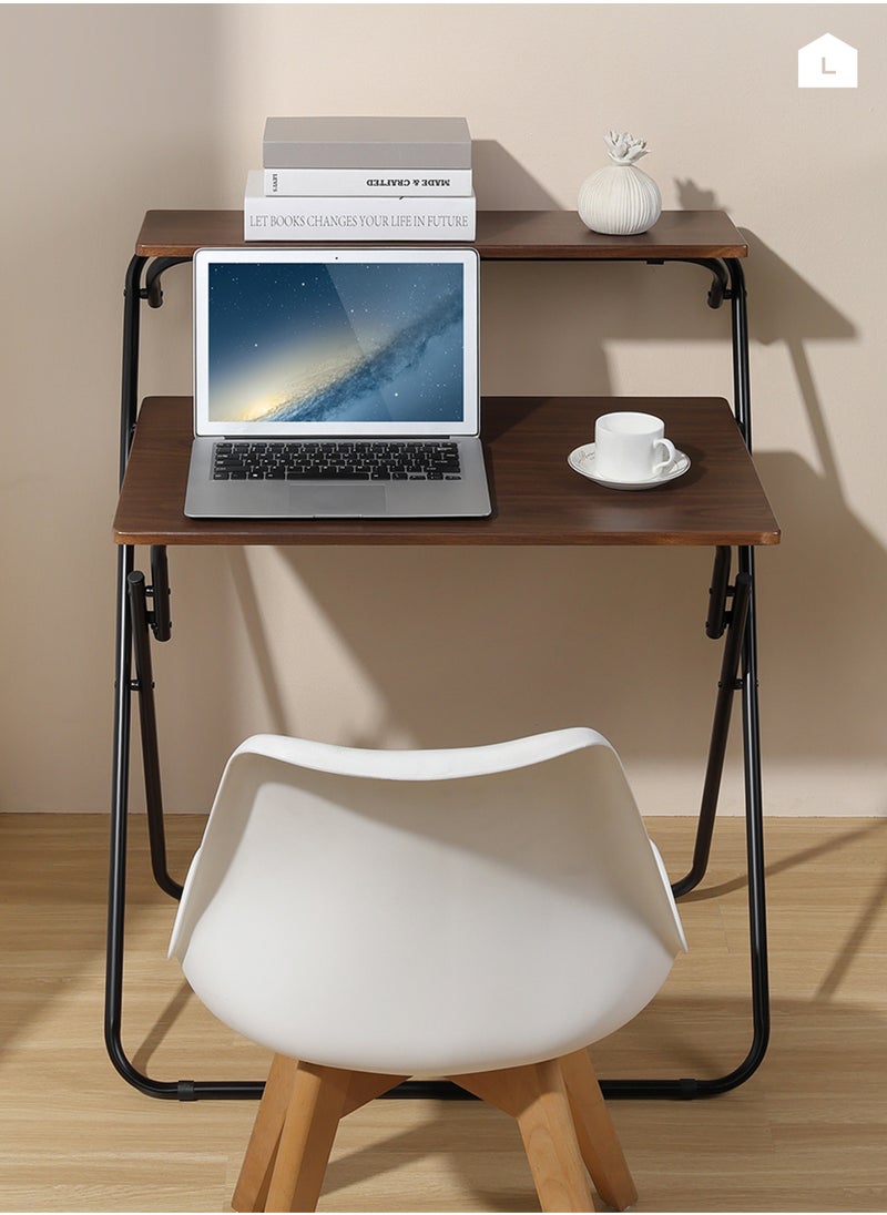Foldable Computer Table - Brown, 71.5x55x90.5 - Space-Saving Desk with Two-Tier and Upper Shelf for Storage - Writing Desk for Home Office Dorm Rooms and Small Spaces - No Assembly Needed