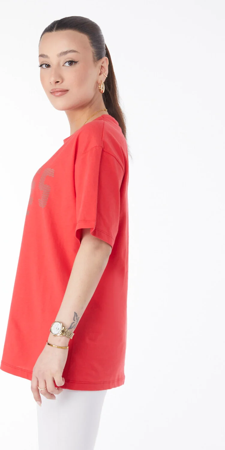 Tofisa 24631-RED Crew Neck Short Sleeve Printed T-Shirt