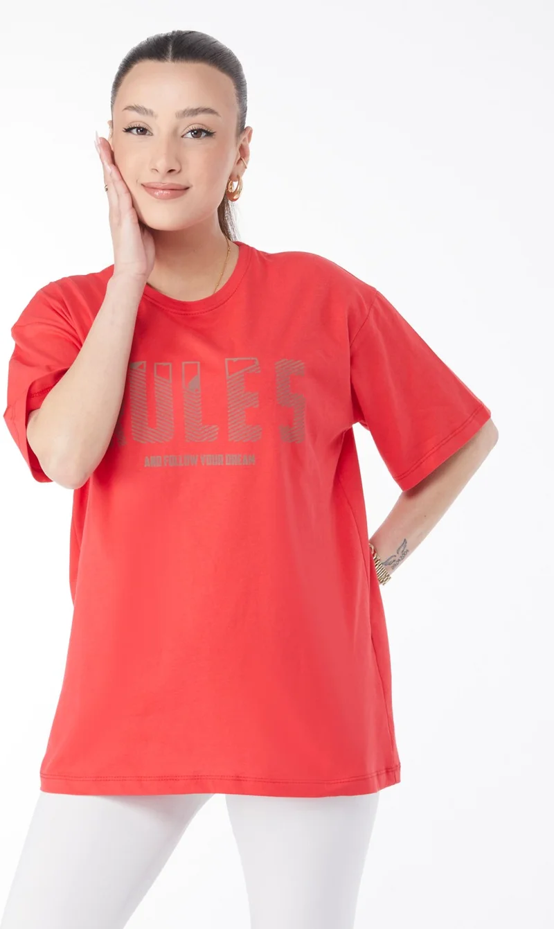 Tofisa 24631-RED Crew Neck Short Sleeve Printed T-Shirt