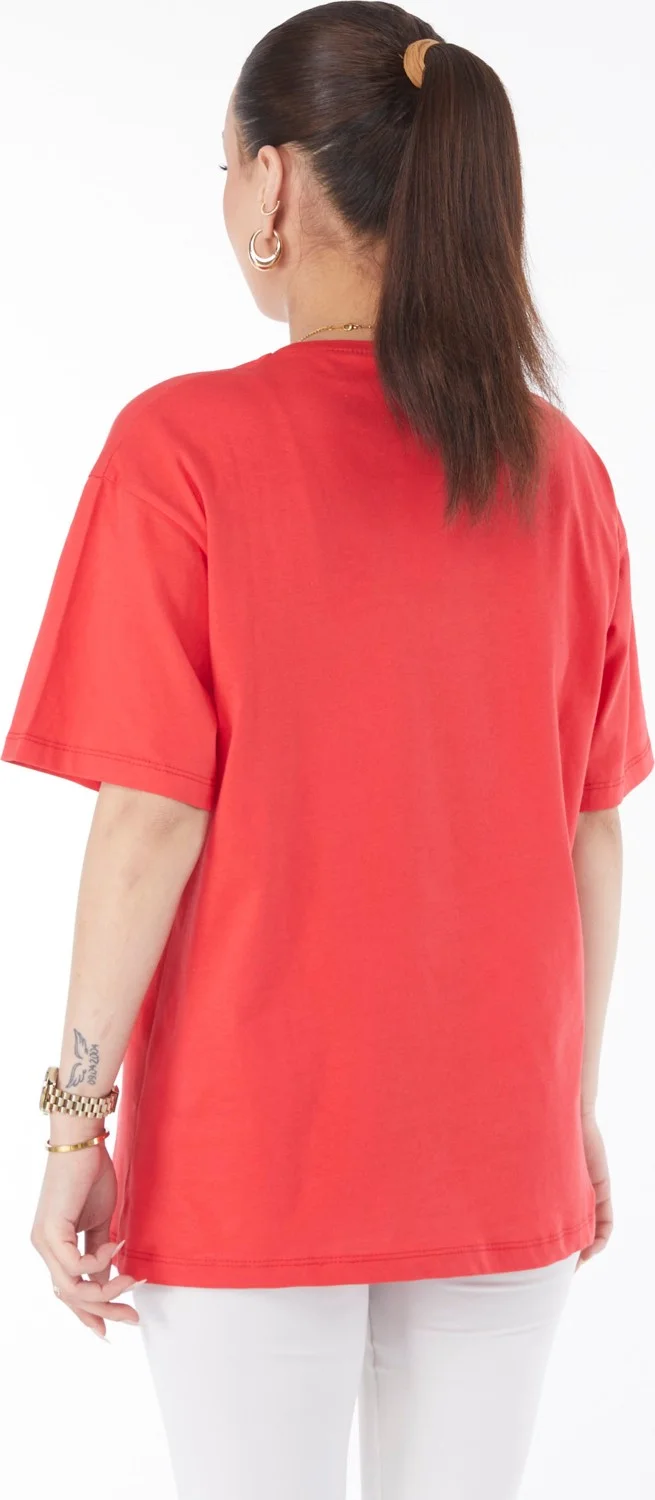 Tofisa 24631-RED Crew Neck Short Sleeve Printed T-Shirt