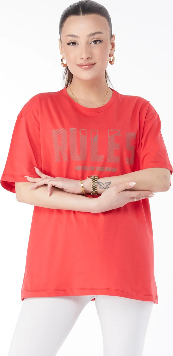 Tofisa 24631-RED Crew Neck Short Sleeve Printed T-Shirt