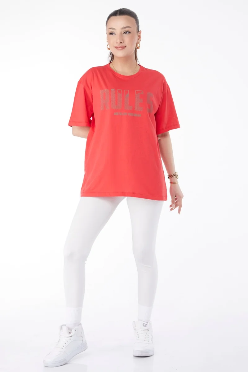 Tofisa 24631-RED Crew Neck Short Sleeve Printed T-Shirt