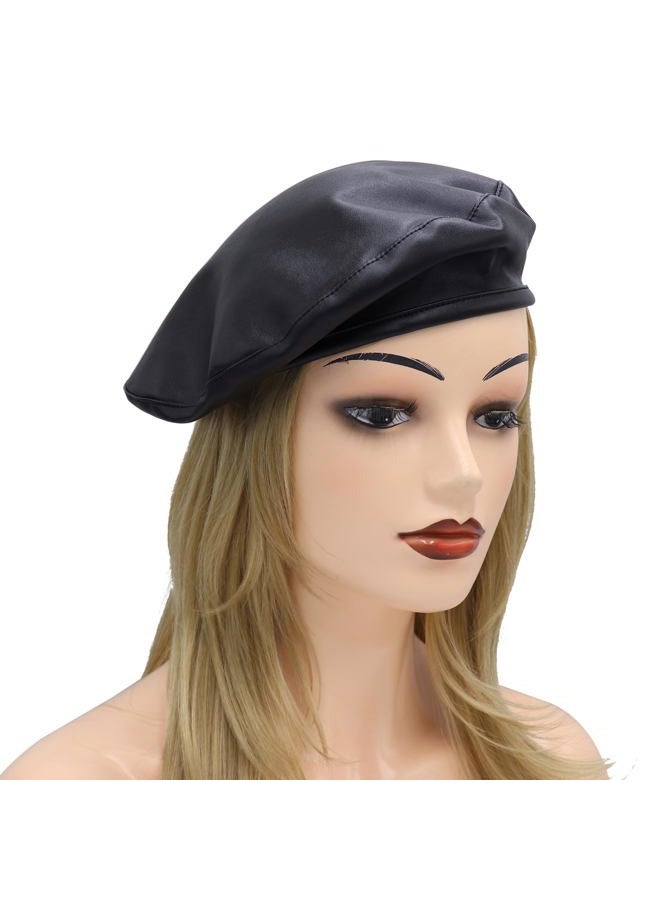 Umeepar Womens Classic Pu Leather French Beret Hat (Black) - Image 5