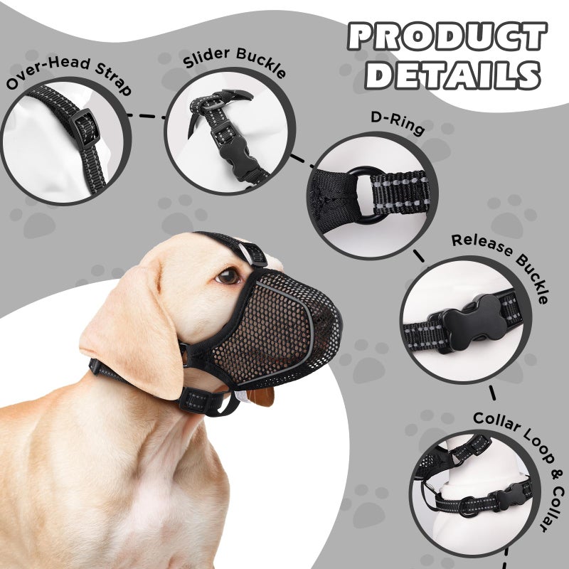 BONTHEE Dog Muzzle,Mesh Soft Muzzle for Small Medium Large Sized Dogs, Breathable Reflective Adjustable Puppy Muzzles with Collar for Scavenging Grooming Biting Chewing,Allows Panting and Drinking - Image 2
