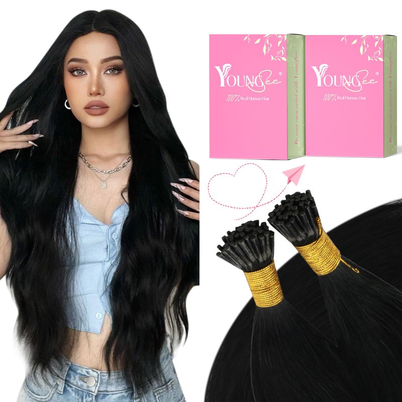 YoungSee Itip Human Hair Extensions Black I Tip Extensions Jet Black Itips Hair Extension Real Human Hair for Women 18In Cold Fusion Hair Silky 60s 50g - Image 1