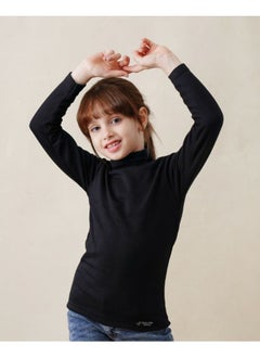 High Cool Basic Children's T-Shirt for Boys and Girls, Winter, High Neck and Long Sleeves, Wool Lined with Pillow, Black