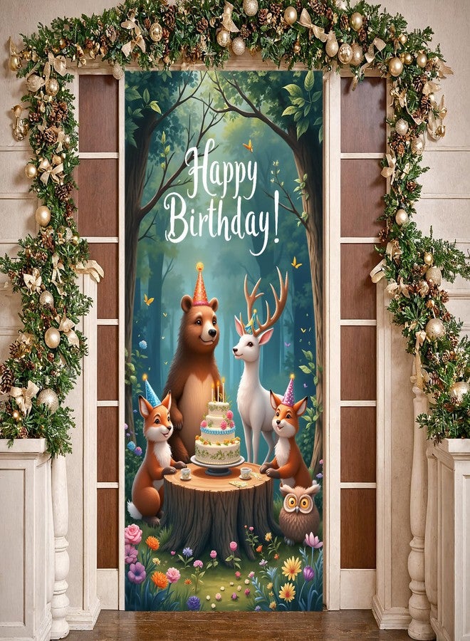 Woosytoo Woodland Animals Birthday Door Cover Happy Birthday Forest Animals Door Banner Hanging Decoration Birthday Party Supplies Cute Animal Theme Front Door Banner for Kids Boys Girls - Image 1