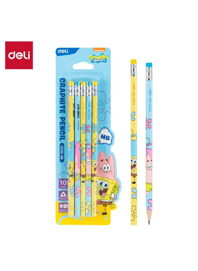 Deli EC032-HB SPONGEBOB HB Graphite Pencil – Triangular Soft Poplar Barrel – Eraser Head – Yellow/Blue – 5PCS/Blister – Ideal for Kids & Fans - Image 1