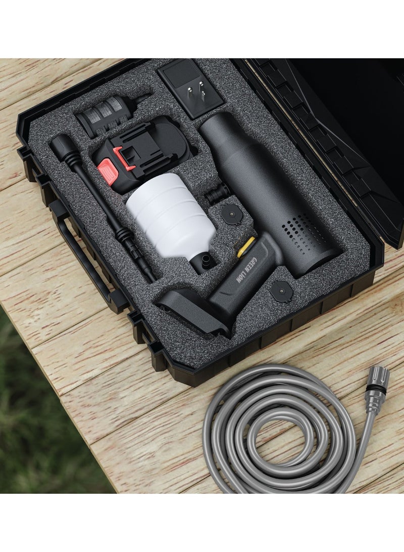 جرين ليون غسالة ضغط لاسلكية مزودة بأنبوب مدخل مياه بطول 5 أمتار، بقدرة 240 واط، وضغط أقصى 36 بار، وبطارية قابلة للفصل بسعة 6000 مللي أمبير، ومدى رش من 6 إلى 8 أمتار، ومعدل تدفق 4 لتر/دقيقة، محمولة مع حقيبة تخزين - أسود - Image 3