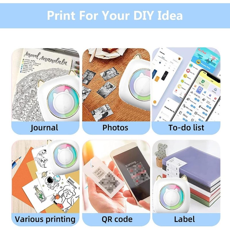 Mini Bluetooth Thermal Printer, Cute Cat Portable Inkless Pocket Printer with 13 Paper Rolls, Wireless Sticker Label Printer for Study Notes, Journaling, Labels, DIY and Gifts - Image 5