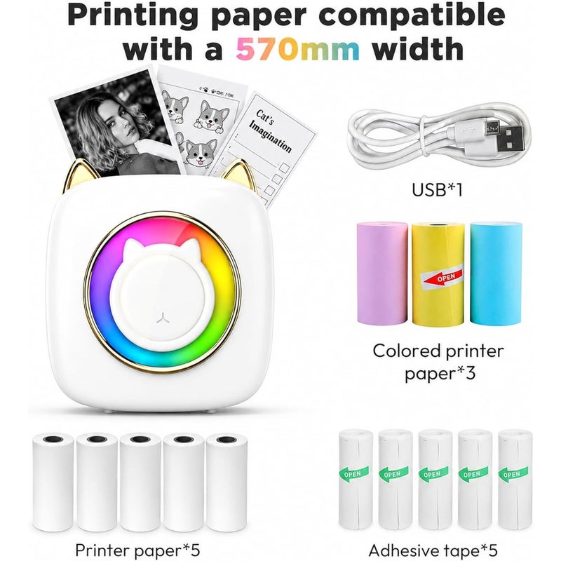 Mini Bluetooth Thermal Printer, Cute Cat Portable Inkless Pocket Printer with 13 Paper Rolls, Wireless Sticker Label Printer for Study Notes, Journaling, Labels, DIY and Gifts - Image 2