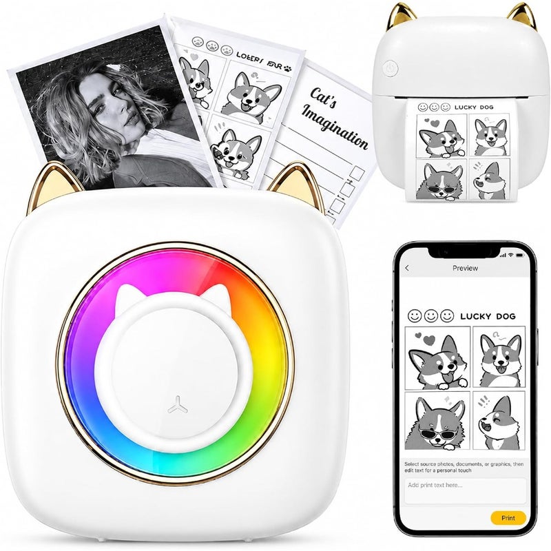 Mini Bluetooth Thermal Printer, Cute Cat Portable Inkless Pocket Printer with 13 Paper Rolls, Wireless Sticker Label Printer for Study Notes, Journaling, Labels, DIY and Gifts - Image 1