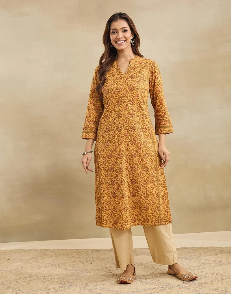 فاب انديا Mustard Cotton Hand Block Printed Slim Fit Long Kurta