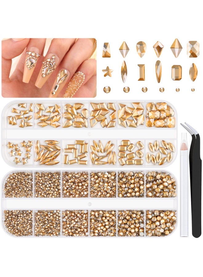 عام 3220pcs Champagne Gold Nail Rhinestons 120pcs أشكال متعددة الأشكال الساحرة الأحجار الكريمة Crystal+3100pcs 1.5-4mm حبات مستديرة ، أحجار كريمة الماس الزجاجي لأظافر الأكريليك المبهجة - Image 1