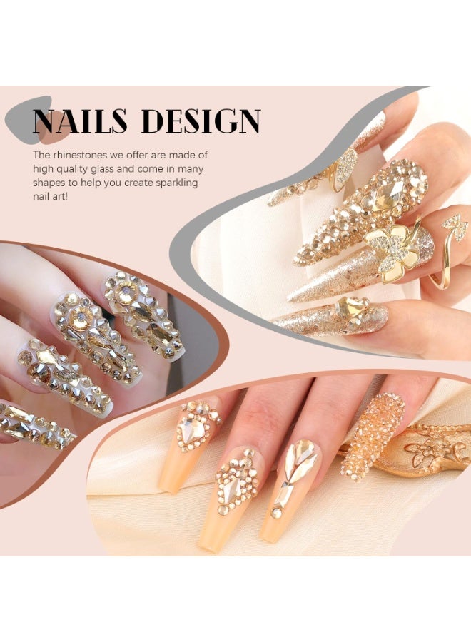 عام 3220pcs Champagne Gold Nail Rhinestons 120pcs أشكال متعددة الأشكال الساحرة الأحجار الكريمة Crystal+3100pcs 1.5-4mm حبات مستديرة ، أحجار كريمة الماس الزجاجي لأظافر الأكريليك المبهجة - Image 5