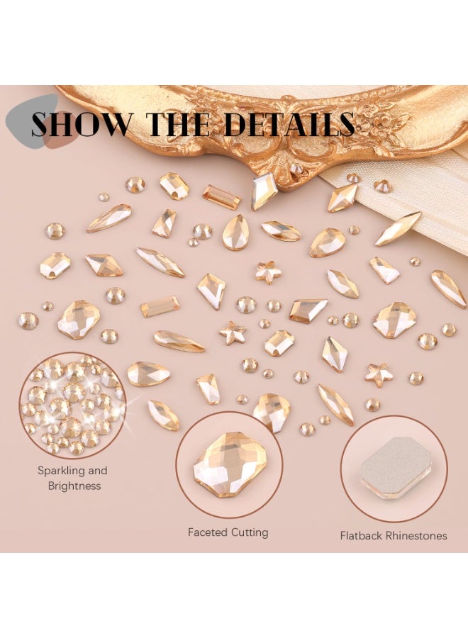 عام 3220pcs Champagne Gold Nail Rhinestons 120pcs أشكال متعددة الأشكال الساحرة الأحجار الكريمة Crystal+3100pcs 1.5-4mm حبات مستديرة ، أحجار كريمة الماس الزجاجي لأظافر الأكريليك المبهجة - Image 3