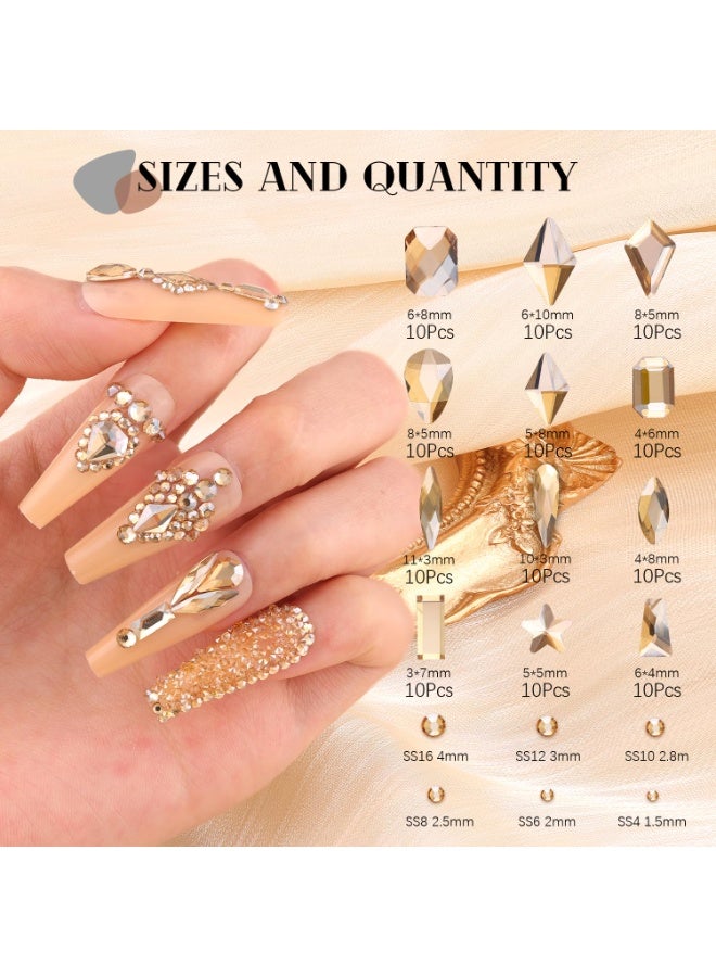 عام 3220pcs Champagne Gold Nail Rhinestons 120pcs أشكال متعددة الأشكال الساحرة الأحجار الكريمة Crystal+3100pcs 1.5-4mm حبات مستديرة ، أحجار كريمة الماس الزجاجي لأظافر الأكريليك المبهجة - Image 2
