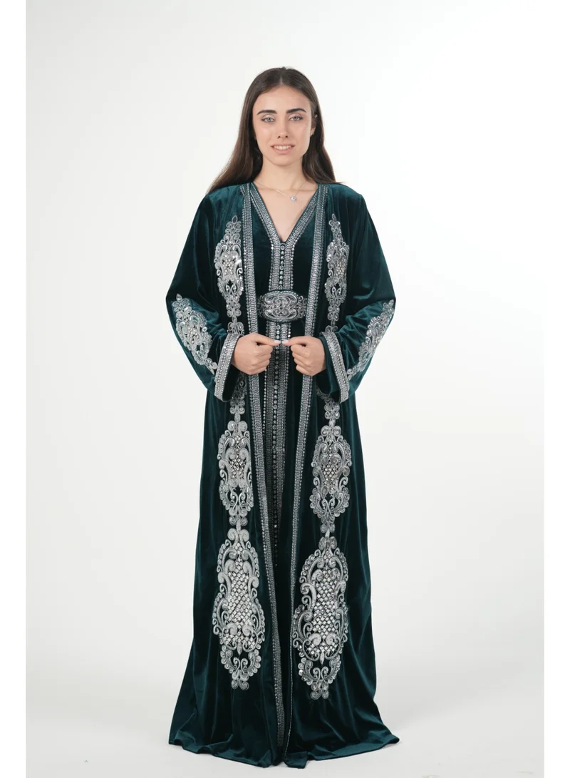 AL BENT AL SHARQIEH Velvet kaftan jalabiya dress with belt
