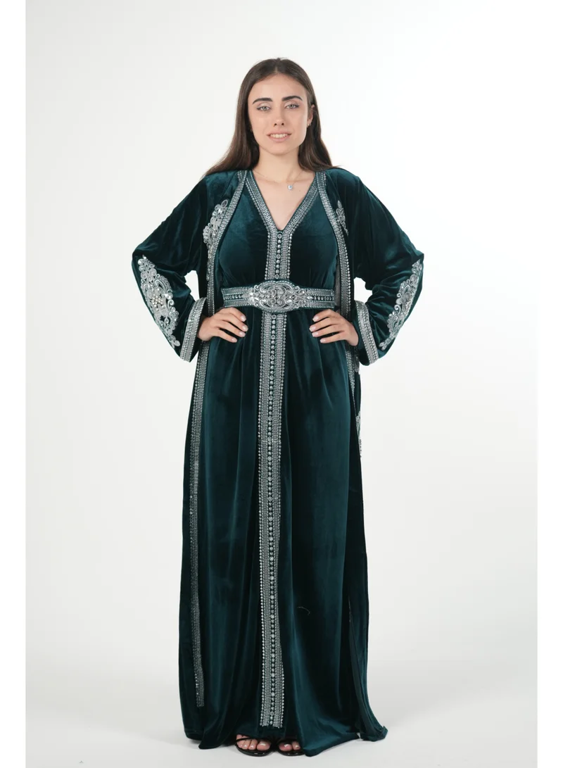 AL BENT AL SHARQIEH Velvet kaftan jalabiya dress with belt