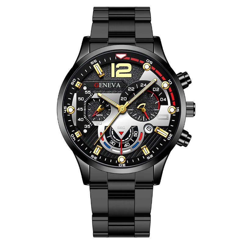 Foreign trade hot mens steel band calendar quartz watch sports luminous pointer quartz watch mens wrist watch Black shell gold needle silver surface