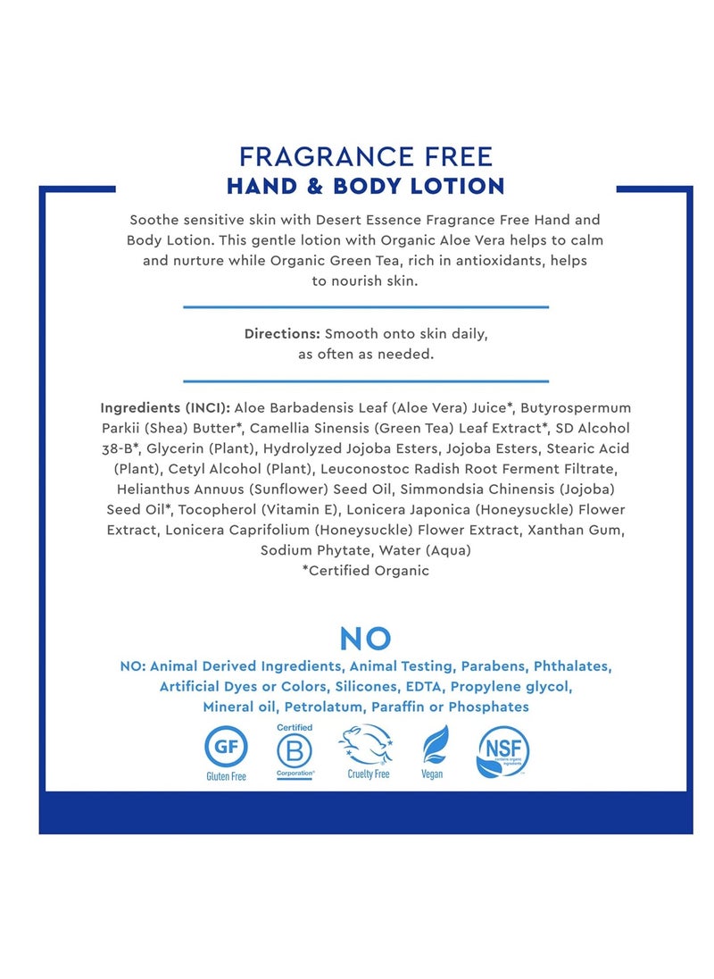 DESERT ESSENCE Desert Essence Fragrance Free Hand & Body Lotion - 8 Fl Ounce - Soothing - Aloe Vera - Shea Butter - Green Tea - Coconut Oil - Jojoba Oil  - Image 5