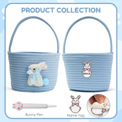 minstely Easter Baskets with Bunny Decoration for Kids – Soft & Durable Woven Design, Empty Baby Bunny Egg Basket with Handle for Boys, Girls, Toddler, Infant Gifts Basket for Easter Personalized (Light Blue) - Image 3