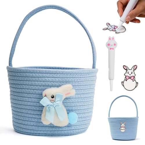 minstely Easter Baskets with Bunny Decoration for Kids – Soft & Durable Woven Design, Empty Baby Bunny Egg Basket with Handle for Boys, Girls, Toddler, Infant Gifts Basket for Easter Personalized (Light Blue) - Image 1