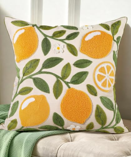 Kokaaee Embroidered Throw Pillow Cover 18x18 Decorative Pillow Cover with Zipper Aesthetic Cute Design Boho Spring Summer Throw Pillowcase for Living Room Couch Sofa Bed Branch Lemon - Image 1