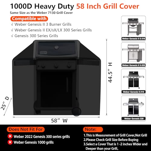 GuardKove [Upgraded 1000D Heavy Duty Fabric] 58" Grill Cover for Weber Genesis II, LX 300 and Genesis 300 Series Outdoor Gas Grill, Waterproof BBQ Cover, Tear & Fade Resistant 7130 Grill Cover for Weber Grill - Image 2