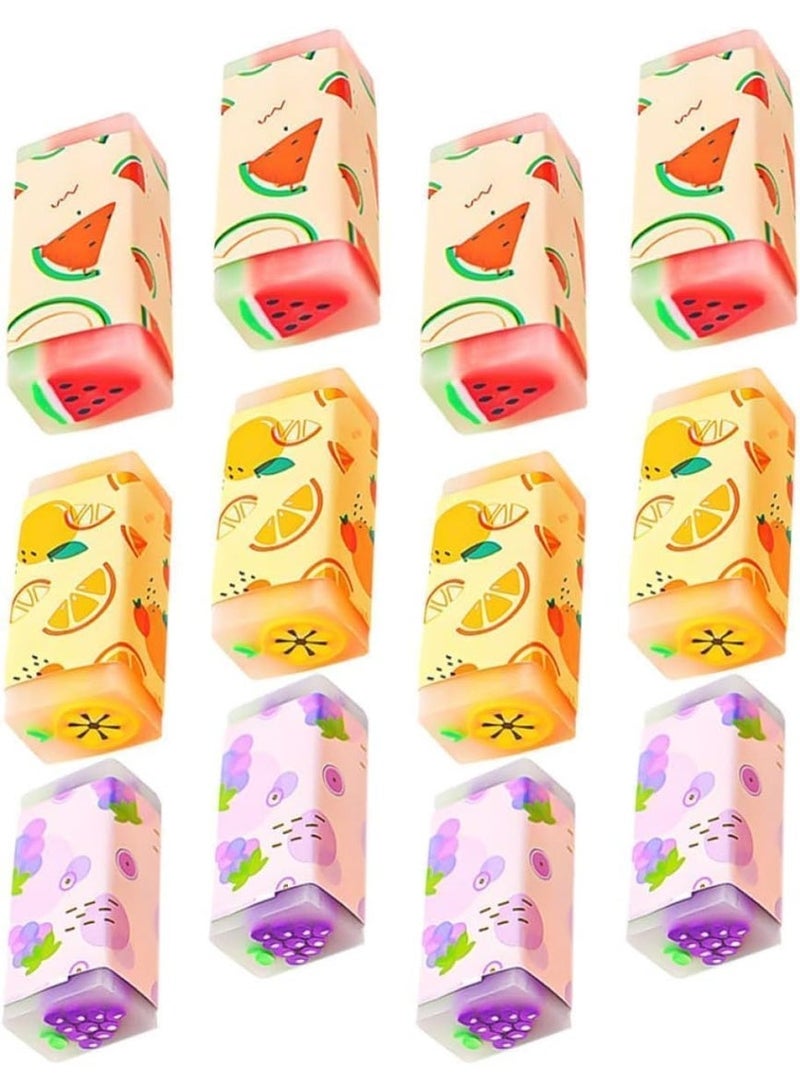 12Pcs Cute Fruit Erasers, Fun Food Pencil Erasers, Watermelon Grape Orange Cartoon Erasers, Drawing Eraser, Novelty Fruit Erasers, for School Supplies, Prize Gifts, Party Favors - Image 1