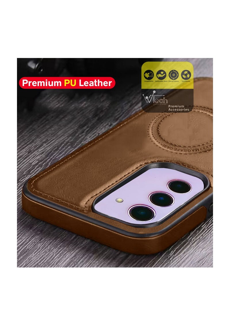 Wtech - Luxury Leather Magnetic Wireless Charging Original MagSafe Shockproof Case Cover For Samsung Galaxy S23 Plus Brown - Image 1