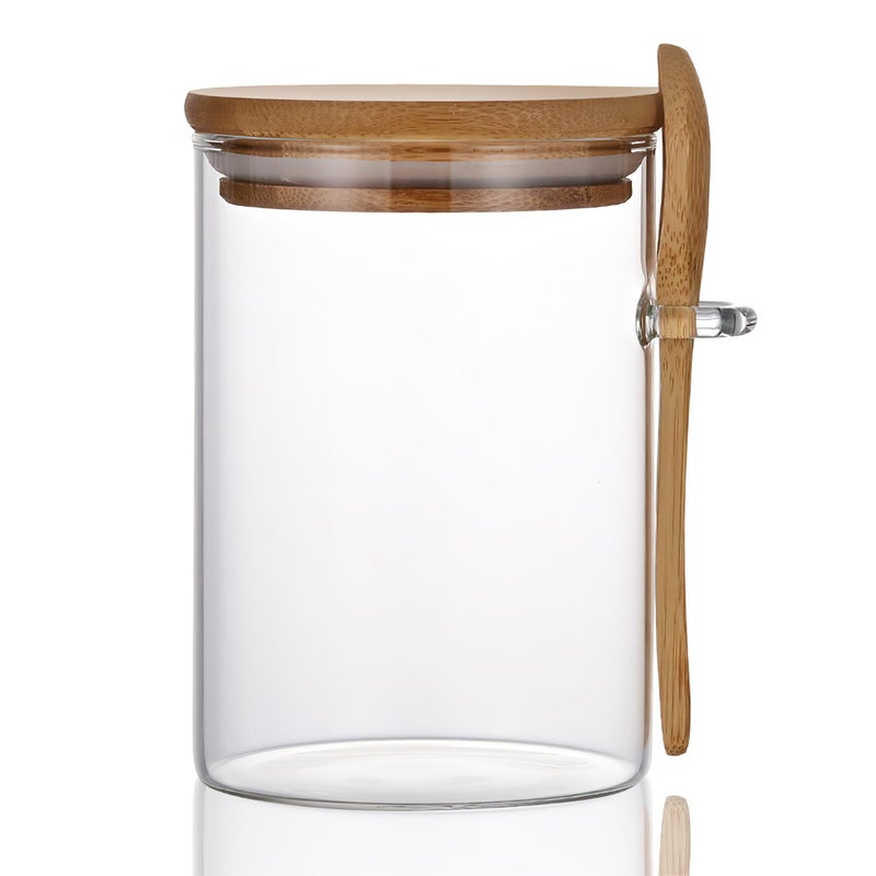 MOLFUJ 15 oz450 ml Clear Glass Storage Canister with Airtight Lid Small Decorative Container Jar with Wooden Spoon for Overnight Oatmeal Coffee Spice Candy Salt Cookie Condiment Pepper Sugar