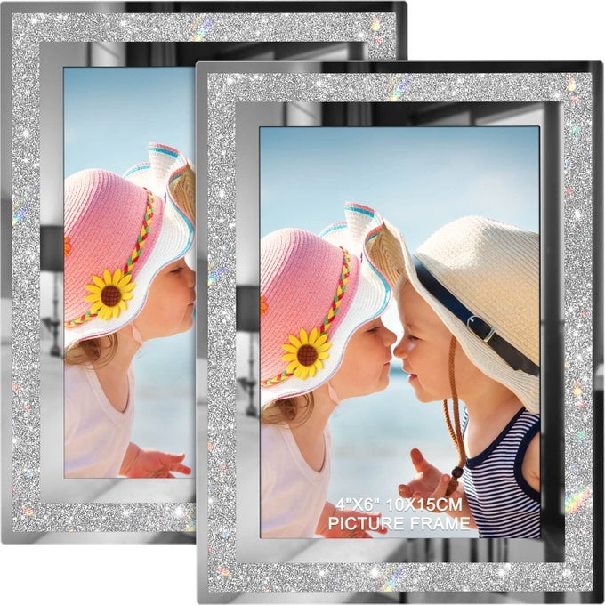4X6 PICTURE FRAMES SET OF 2 GLITTER GLASS PHOTO FRAME FOR TABLETOP DISPLAY GIFTS PICTURE FRAME HORIZONTALLY OR VERTICALLY