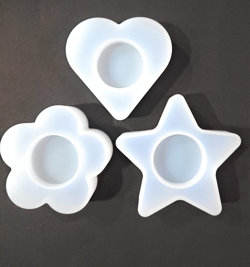 SNOOGG Pack of 3 Tea Light Candle Holder Heart, Star and Flower Shapes. Silicone Moulds for epoxy Resin Casting DIY Resin Crafts, Cup Mats, Home Decoration - Image 1