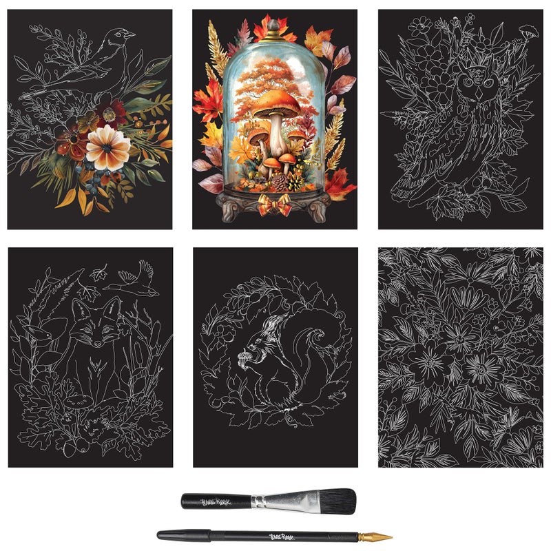 Brea Reese: Scratch Art Paper Pad - Autumn Equinox - 6 Designs, Guided Art, Metallic Accents, Stylus & Brush, Perforated 9x12 Pages, DIY Adult Craft - Image 3