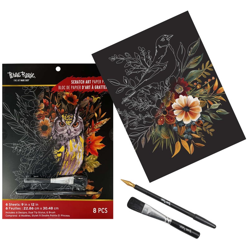 Brea Reese: Scratch Art Paper Pad - Autumn Equinox - 6 Designs, Guided Art, Metallic Accents, Stylus & Brush, Perforated 9x12 Pages, DIY Adult Craft - Image 4