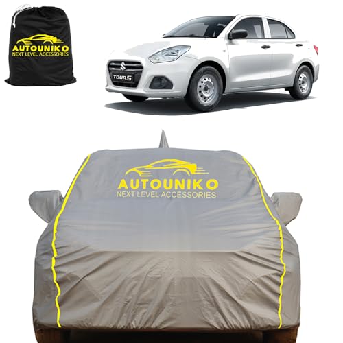 AUTOUNIKO 100% Waterproof Car Body Cover for Maruti Suzuki Dzire(2012-2017) with Mirror and Antenna Pocket and Soft Cotton Lining (Full Bottom Elastic Triple Stitched) (Grey with Red Piping) - Image 1