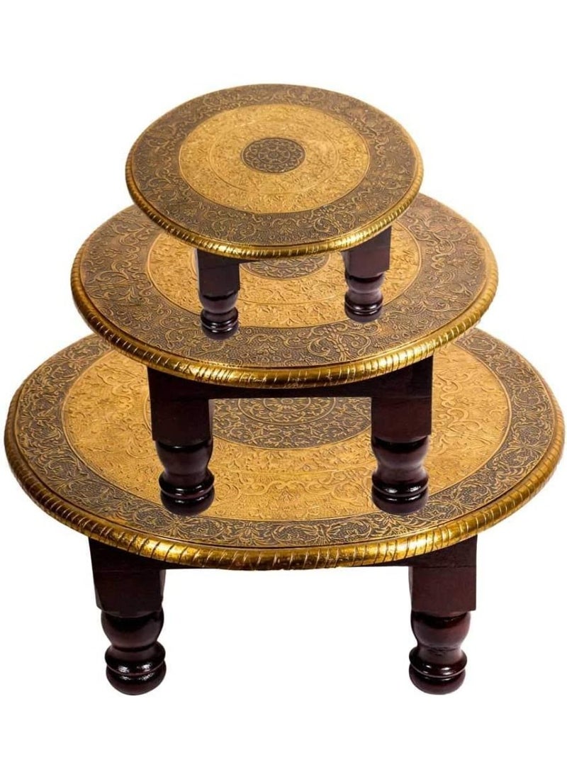 QUESERA Wooden Brass Puja Stool Handmade Brass Chowki Wooden Handmade Bajot Puja Bajot  - Image 1