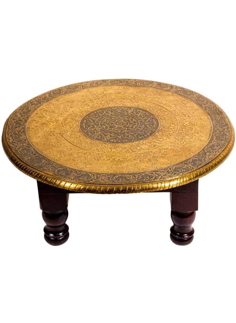 QUESERA Wooden Brass Puja Stool Handmade Brass Chowki Wooden Handmade Bajot Puja Bajot  - Image 4