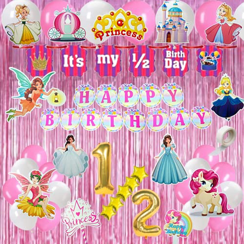 FI - FLICK IN 58 pcs Half Birthday Girl Decoration Set Princess Theme Half Birthday Decorations for Baby Girl Princess Cutouts Cake Topper Six Months Birth Day Combo (Pack of 58, Pink) - Image 1