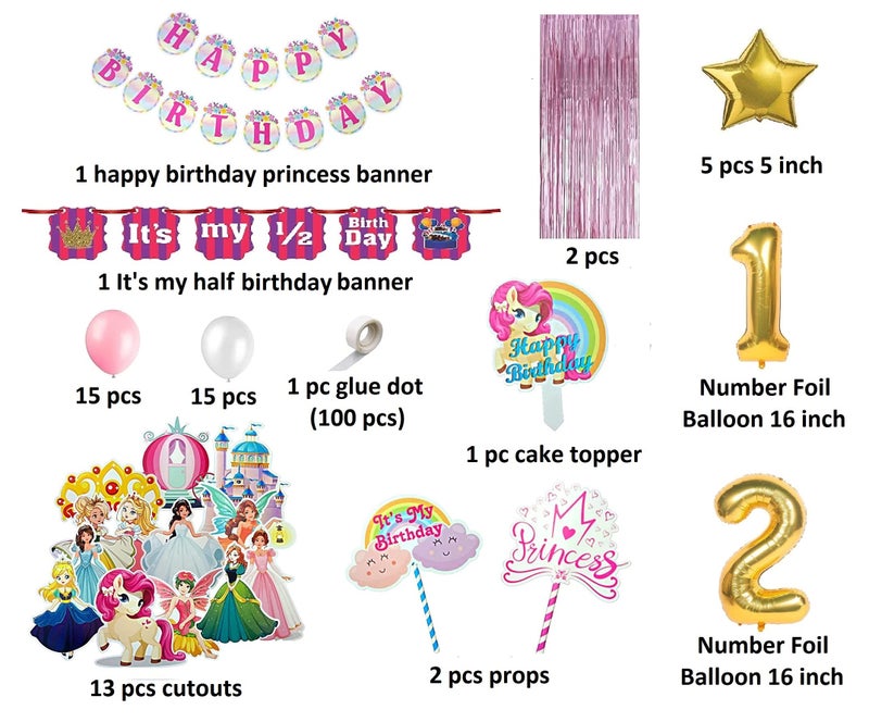 FI - FLICK IN 58 pcs Half Birthday Girl Decoration Set Princess Theme Half Birthday Decorations for Baby Girl Princess Cutouts Cake Topper Six Months Birth Day Combo (Pack of 58, Pink) - Image 2