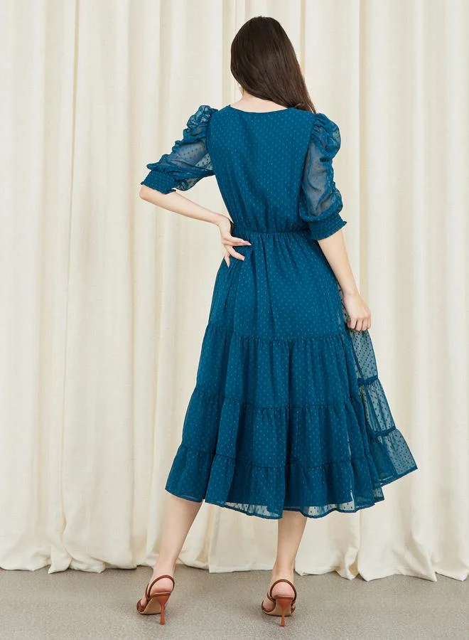 ستايلي Dobby Embroidered Ruched Detail Sleeves Tiered Midi Dress